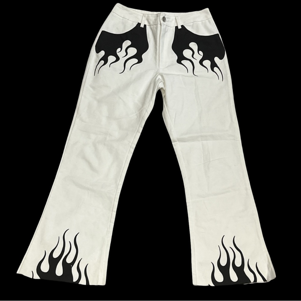 WHITE & BLACK FLAME fit and flare pants, women's medium. brand unknown.